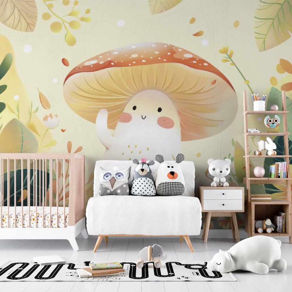Kids playroom featuring enchanted woodland wallpaper with reading nook