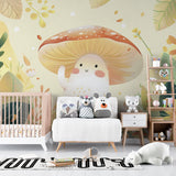 Kids playroom featuring enchanted woodland wallpaper with reading nook