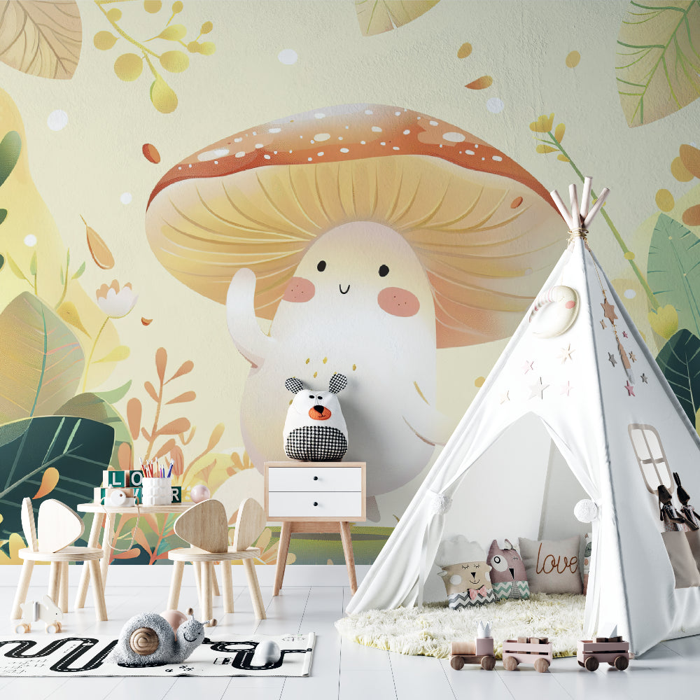Toddler bedroom with magical mushroom forest mural creating storybook atmosphere