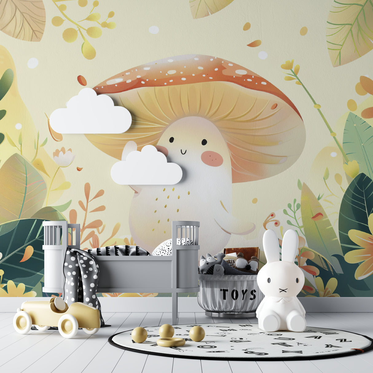 Woodland nursery with mushroom wallpaper showcasing gentle color palette