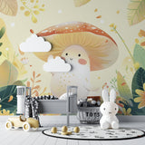 Woodland nursery with mushroom wallpaper showcasing gentle color palette