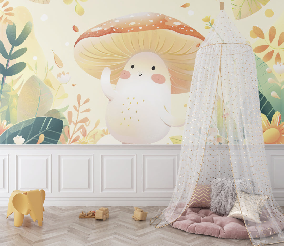 Children's reading corner with enchanted forest wallpaper and soft seating