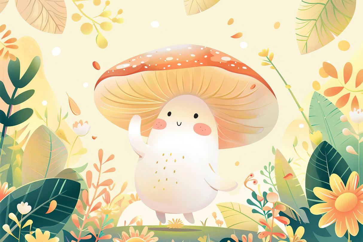 Design file of whimsical mushroom pattern with soft beige background and forest elements