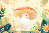 Design file of whimsical mushroom pattern with soft beige background and forest elements