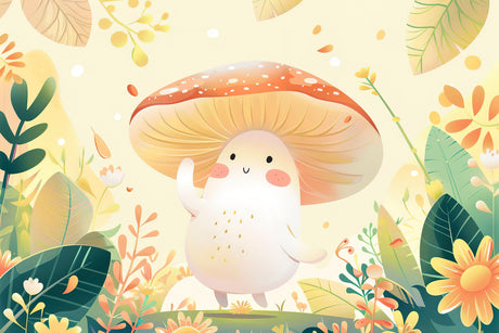 Design file of whimsical mushroom pattern with soft beige background and forest elements