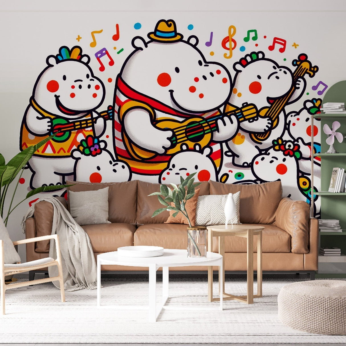 Musical hippo band wallpaper bringing joy to a bright playroom, with natural light highlighting the cheerful cartoon characters