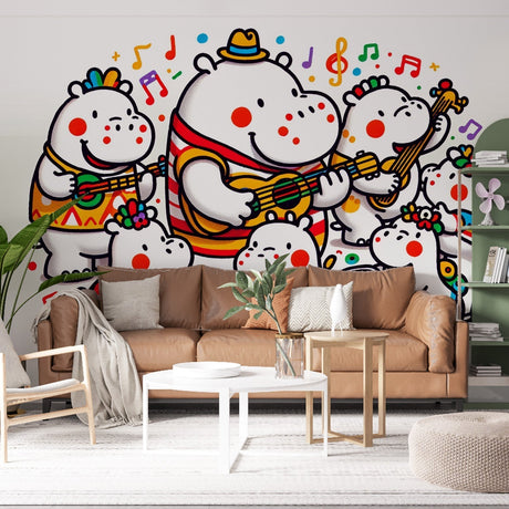 Musical hippo band wallpaper bringing joy to a bright playroom, with natural light highlighting the cheerful cartoon characters