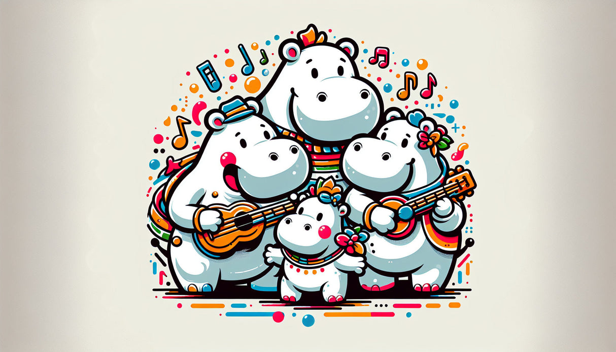 Music Animals design file showing playful hippo characters with instruments on clean white background