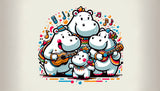 Music Animals design file showing playful hippo characters with instruments on clean white background