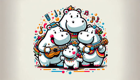 Music Animals design file showing playful hippo characters with instruments on clean white background