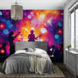 Music concert wallpaper in modern teen bedroom showing rock band silhouettes against vibrant galaxy background