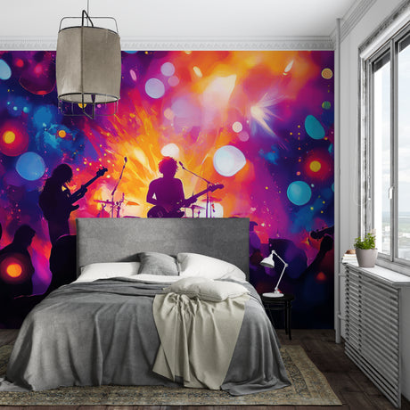 Music concert wallpaper in modern teen bedroom showing rock band silhouettes against vibrant galaxy background