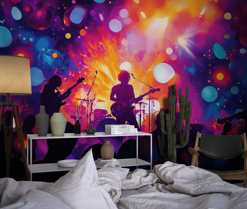 Concert stage mural wallpaper displayed in home music studio with instruments
