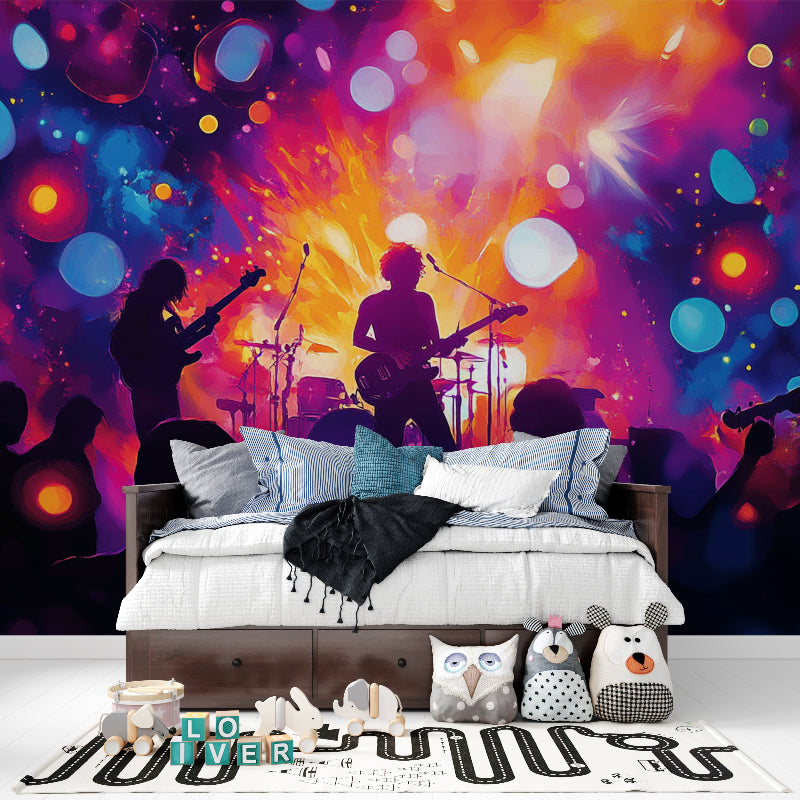 Rock band wallpaper creating atmosphere in gaming room with LED lighting