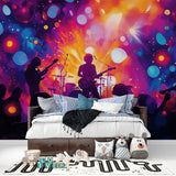 Rock band wallpaper creating atmosphere in gaming room with LED lighting