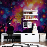 Music themed wall mural transforming modern living room space