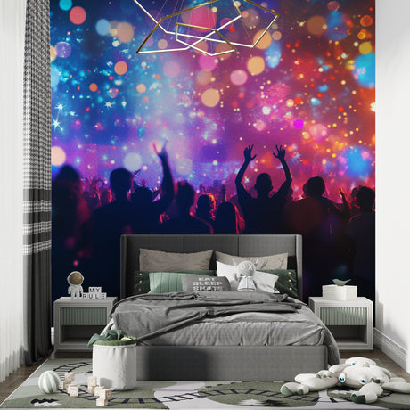Music festival wallpaper creating a vibrant atmosphere in a modern teen bedroom with purple and blue concert lights