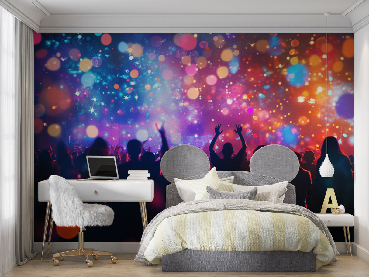 Concert light show mural bringing energy to a music room with dancing lights and colors