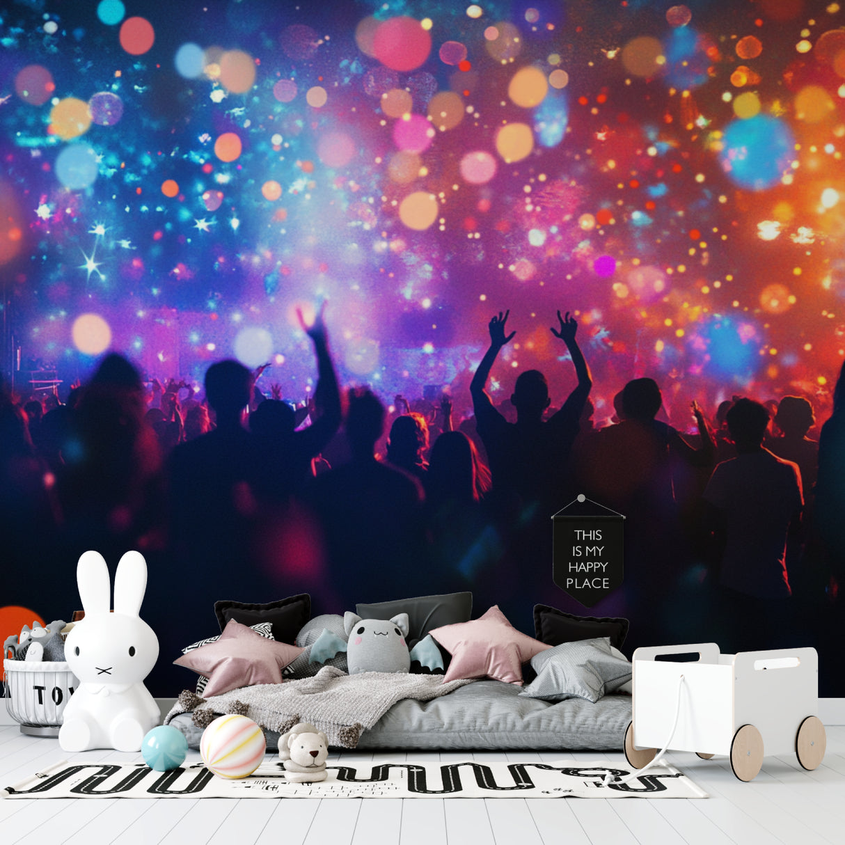Festival themed wall mural transforming a living room with colorful light effects