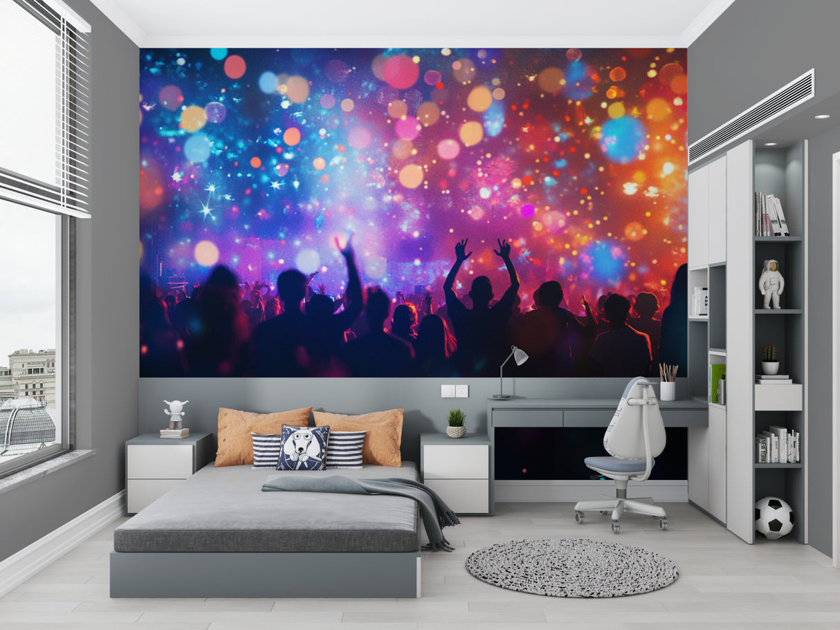 Music festival wallpaper adding excitement to a home entertainment space