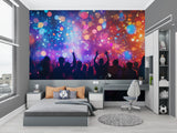 Music festival wallpaper adding excitement to a home entertainment space