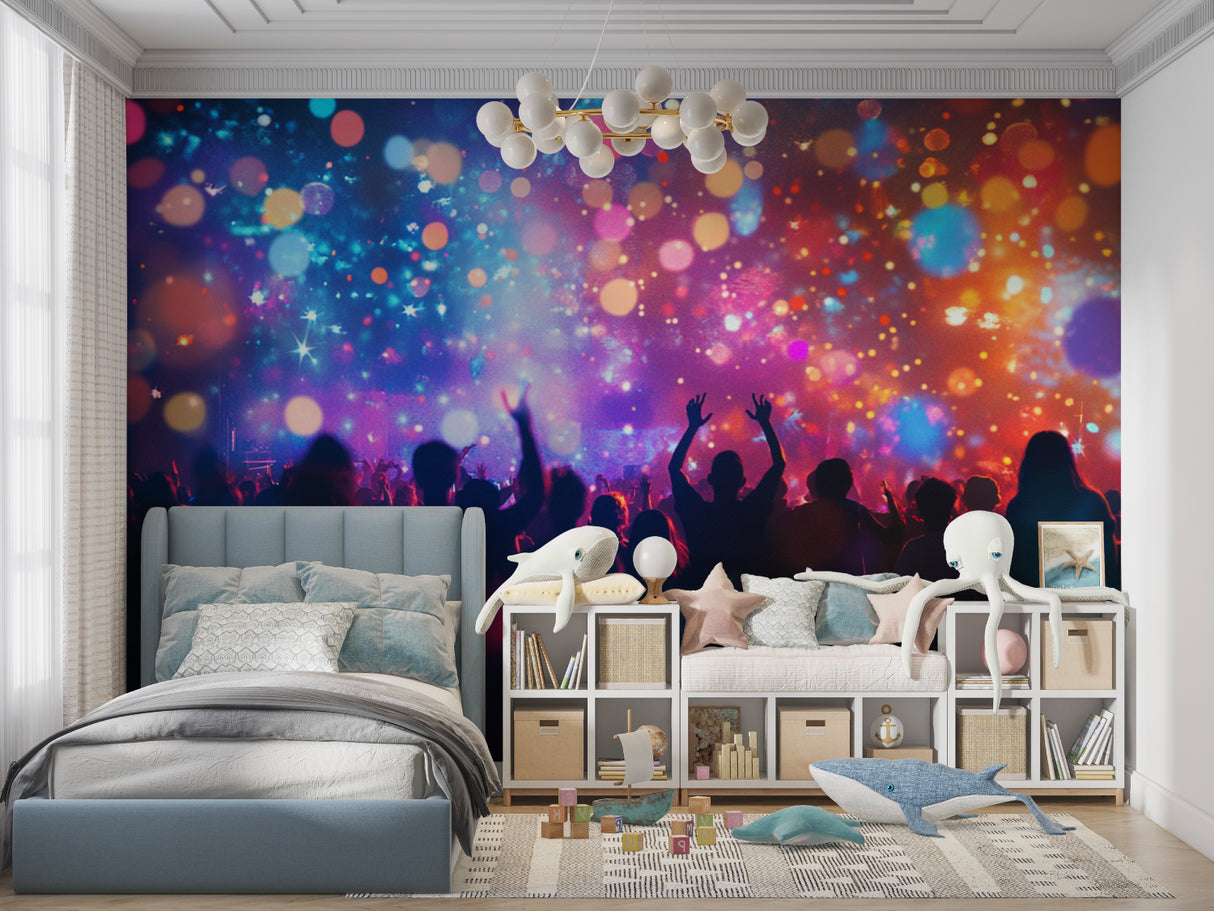 Concert light show mural creating atmosphere in a game room setting