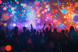 Design file showing vibrant concert lights pattern with floating orbs and silhouettes