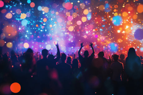 Design file showing vibrant concert lights pattern with floating orbs and silhouettes