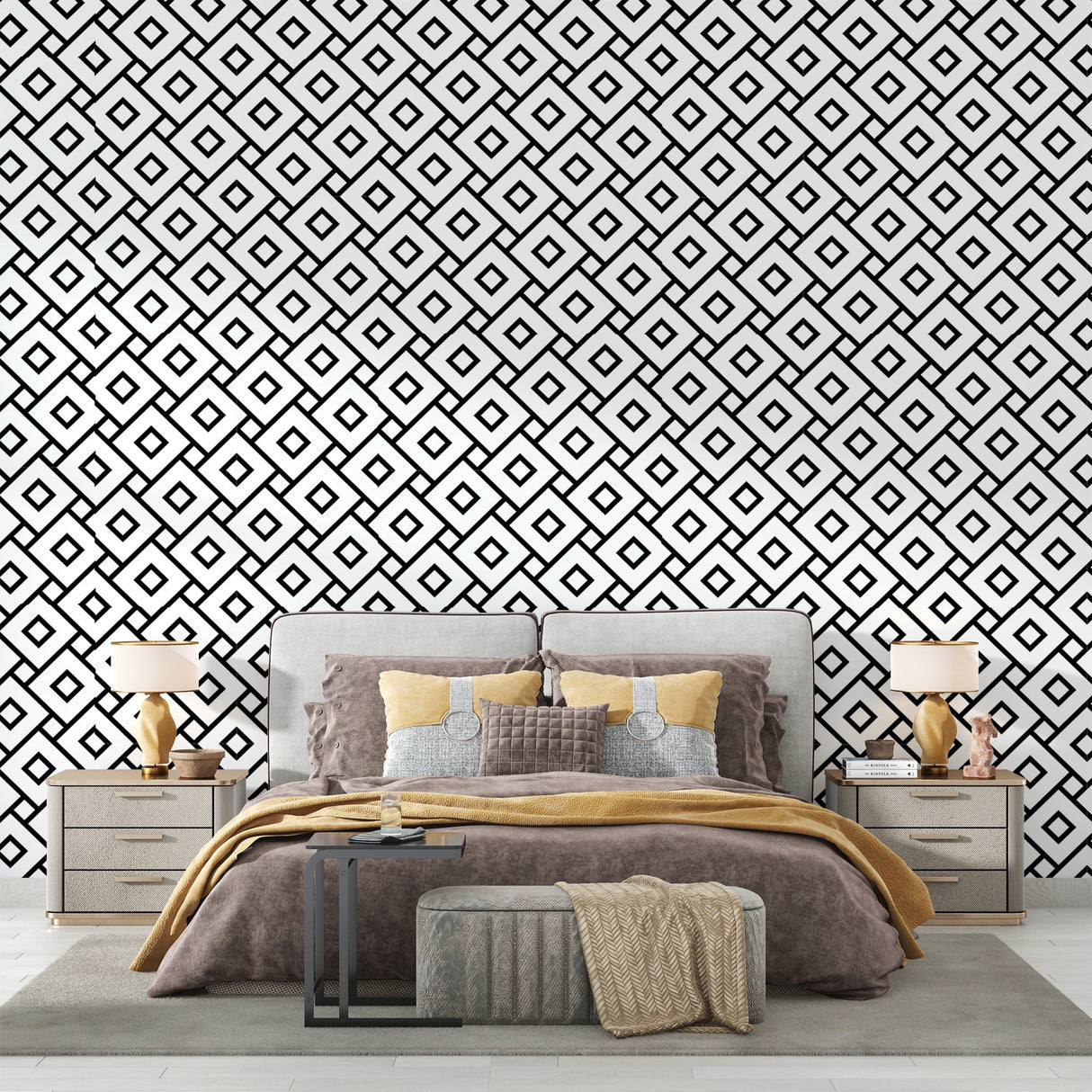 3D speaker wallpaper creating depth in a modern living room with black furniture and ambient lighting