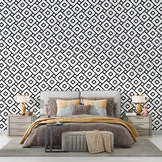 3D speaker wallpaper creating depth in a modern living room with black furniture and ambient lighting