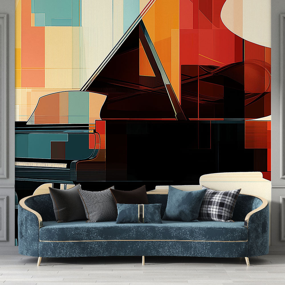 Modern abstract piano wallpaper in a contemporary living room, geometric shapes create artistic focal point against neutral walls