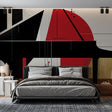 Modern music wall mural featuring geometric piano design in a contemporary living room setting with clean furniture
