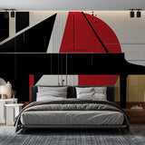 Modern music wall mural featuring geometric piano design in a contemporary living room setting with clean furniture