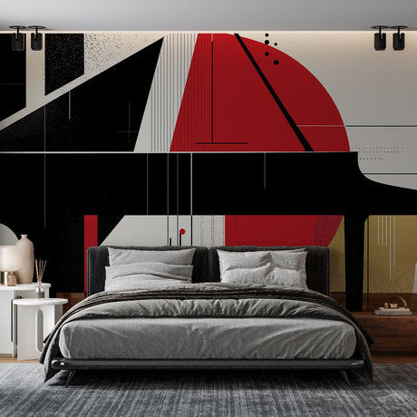 Modern music wall mural featuring geometric piano design in a contemporary living room setting with clean furniture