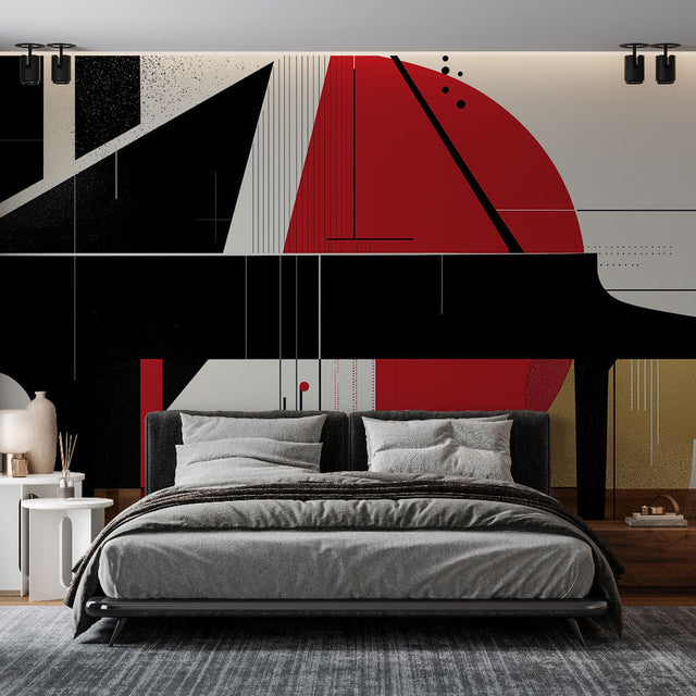 Modern music wall mural featuring geometric piano design in a contemporary living room setting with clean furniture