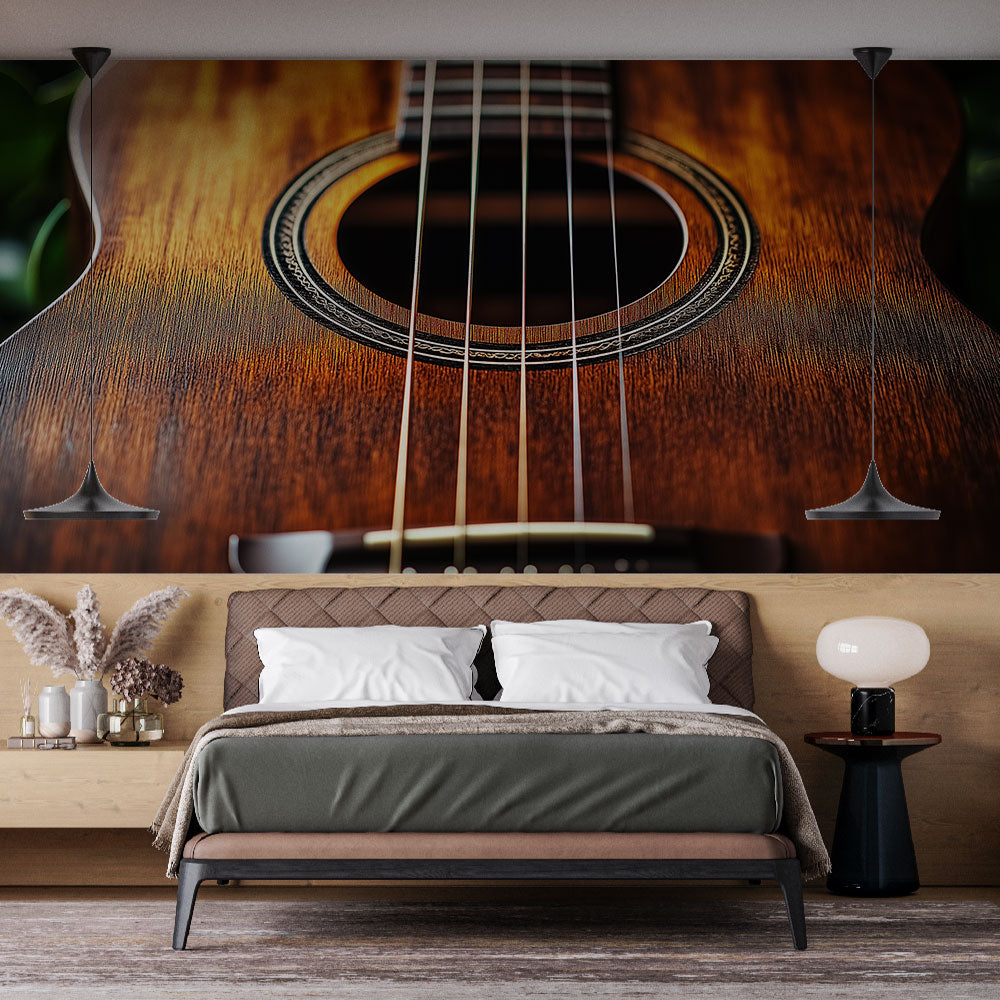 Acoustic guitar wallpaper mural creating a warm atmosphere in a modern living room with natural lighting