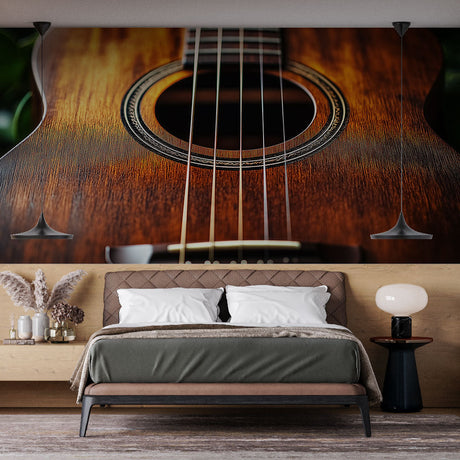 Acoustic guitar wallpaper mural creating a warm atmosphere in a modern living room with natural lighting