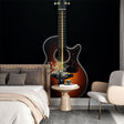 Acoustic guitar wall mural displayed in a modern music studio, creating an inspiring atmosphere with dark and gold tones