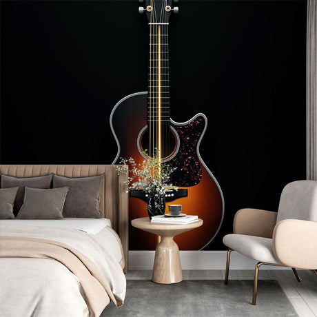 Acoustic guitar wall mural displayed in a modern music studio, creating an inspiring atmosphere with dark and gold tones