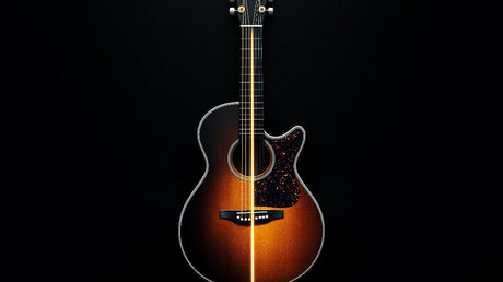 Guitar wallpaper design file showing detailed acoustic instrument against black background with dramatic lighting