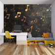 Musical notes wallpaper in a modern living room, black and gold design creating an elegant atmosphere