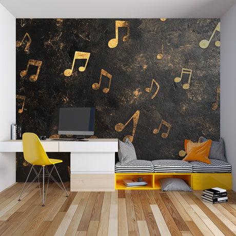 Musical notes wallpaper in a modern living room, black and gold design creating an elegant atmosphere