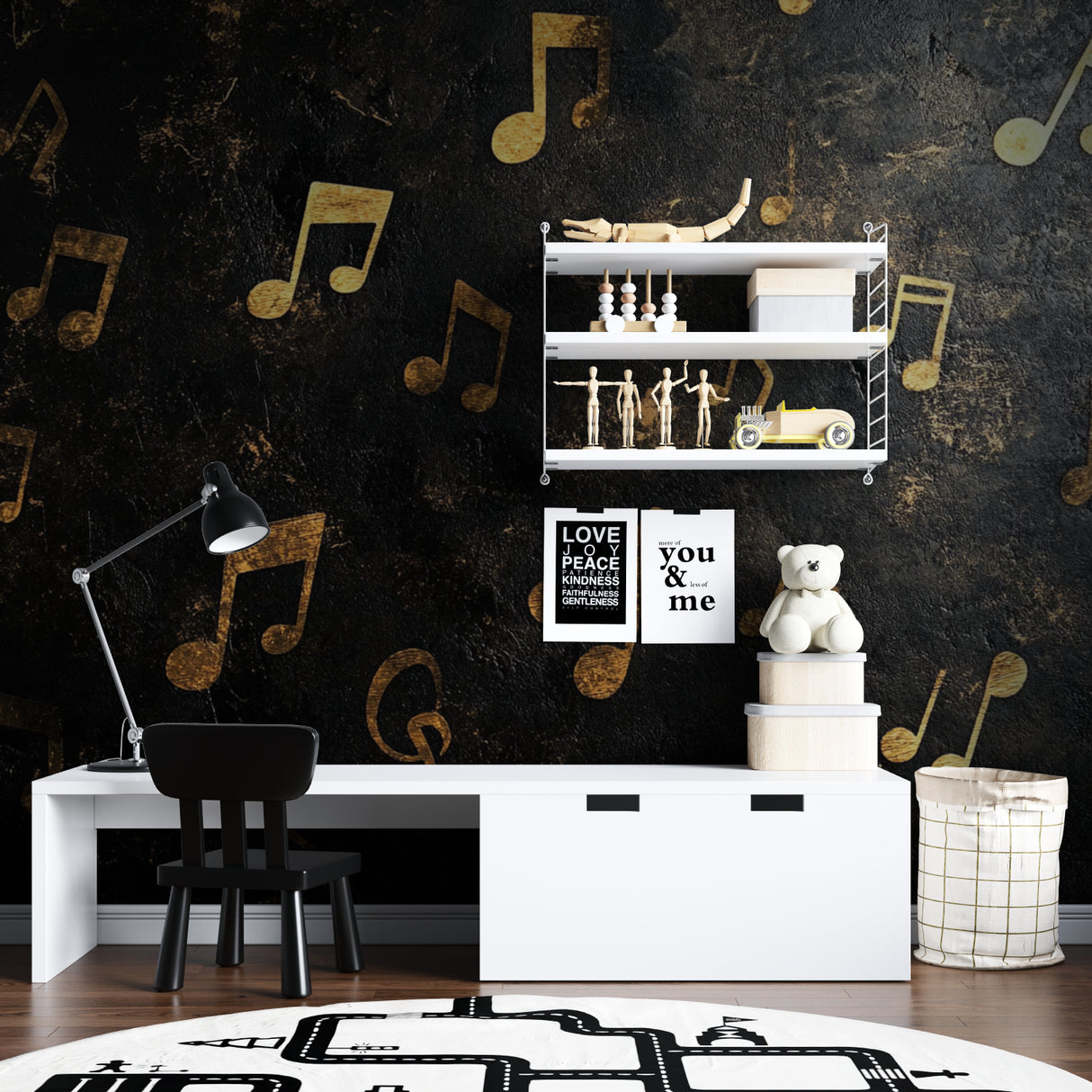Music themed wall mural in a piano room, showing gold notes on black background
