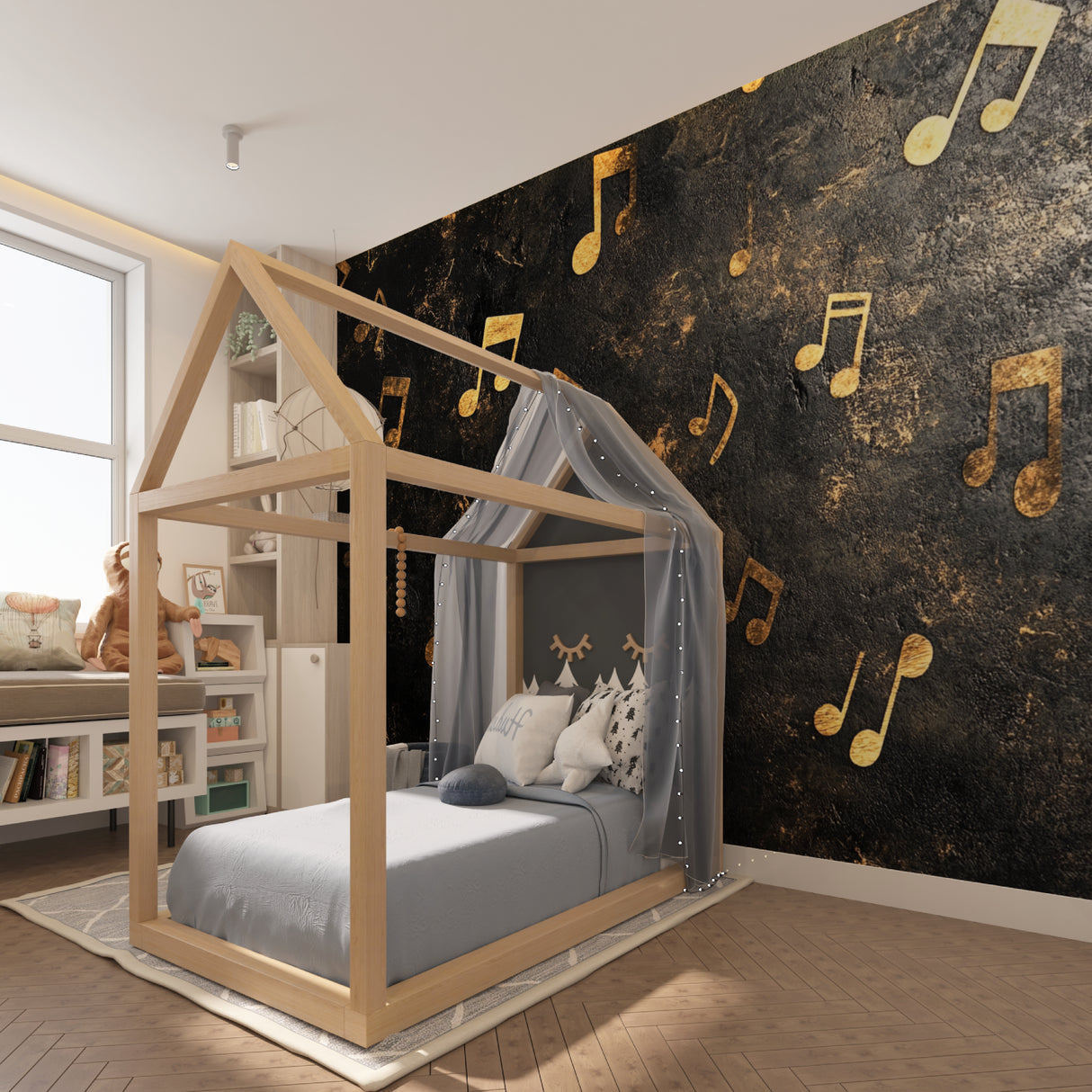 Black and gold musical wallpaper in a teen bedroom, adding creative flair
