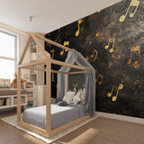 Black and gold musical wallpaper in a teen bedroom, adding creative flair