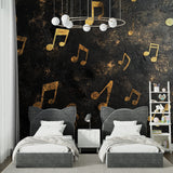 Musical notes wall design in a recording studio, showcasing metallic gold details
