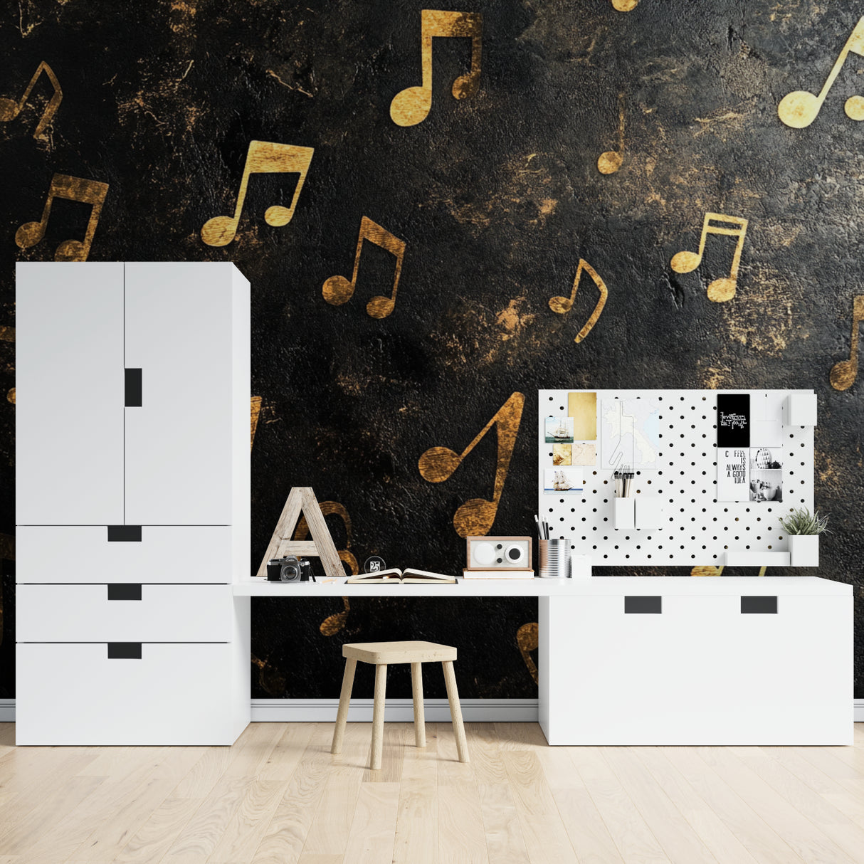 Music wallpaper creating ambiance in a home office space