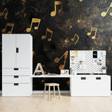 Music wallpaper creating ambiance in a home office space