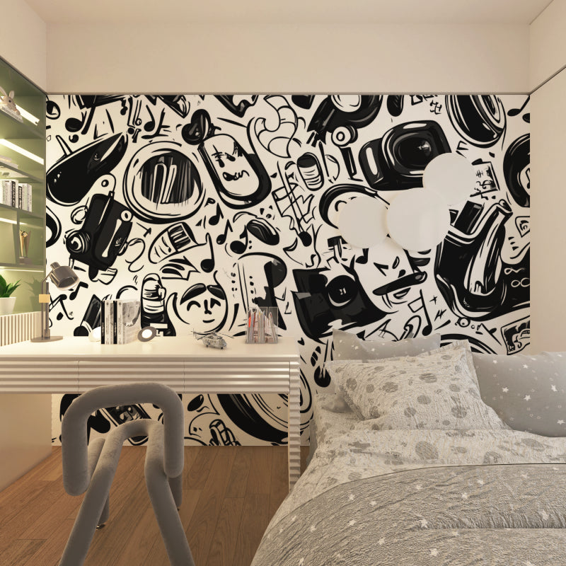 Music wall mural in modern living room showing black and white abstract pattern with musical notes