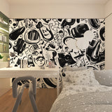 Music wall mural in modern living room showing black and white abstract pattern with musical notes